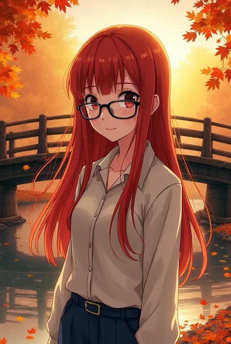 Futaba sakura eighteen year old girl with long natural red hair with bangs and glasses, autumn theme evening yellow,  stylized drawing not cartoon, bridge fall leaves