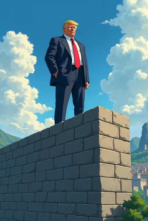 Donald Trump standing on a wall in anime style 