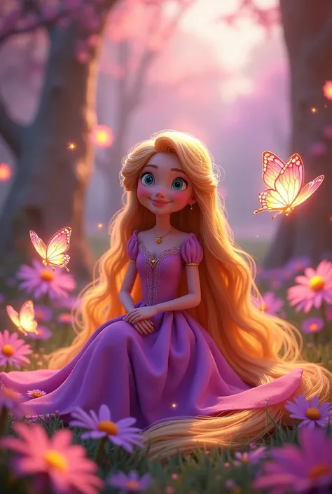 A mesmerizing 3D-animated Disney-style illustration titled "Aadhya" captures the essence of a whimsical and captivating world. At the center, a graceful Rapunzel princess sits proudly behind the title, her long, Shining golden hair flowing like a waterfall...