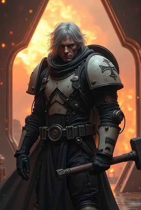 gloomy man,  with gray, disheveled hair, heavy cheekbones and a broken nose, psyker, with bleached skin and implants on the face and hands, in heavy black and white adeptus arbiters exoskeleton armor with shoulder armor with warhammer 40k crosses, loyal se...