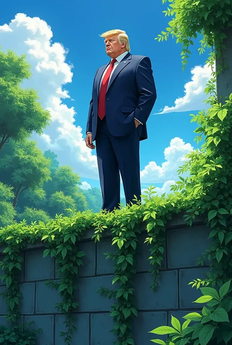 Donald Trump standing on a wall coverd in vines in anime style 