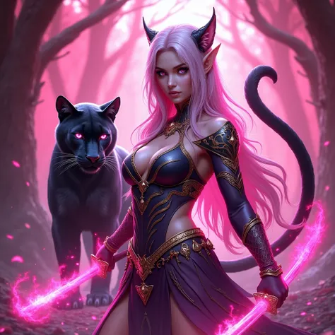 A half elf half panther princess female with pink flaming swords accompanied by her familiar which is a black panther with pink eyes