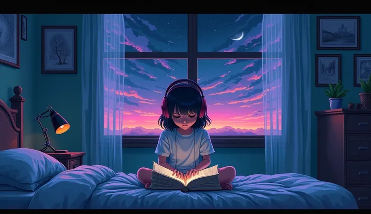 A girl wearing headphone sitting in the bedroom, reading books, in the style of the stars art group (xing xing), pixel art, emotional and dramatic scenes, nightcore, cyan and black, richly colored skies, windows vista.