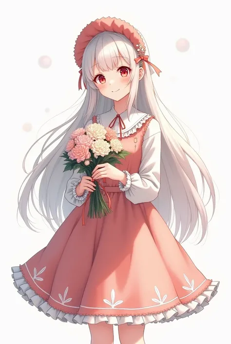 masterpiece, best quality, 1girl, solo, long_hair, looking_at_viewer, white hair, red eyes, smile, bangs, skirt, shirt, long_sleeves, hat, dress, bow, holding, closed_mouth, flower, frills, hair_flower, petals, bouquet, holding_flower, center_frills, bonne...