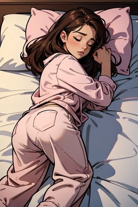 Sleeping girl, 2, realistic, she is wearing long pants, she is wearing pink pajama, brown hair, cute bum 