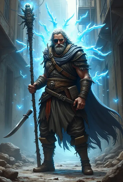 Male human, shoulder length white and black hair, Torn up cloths, quarterstaff, transparent blue astral arms behind him, two blue ghostly arms behind him. Standing in slums, has an eyepatch on left eye, throwing a dagger, scruffy short beard, 50 years old
