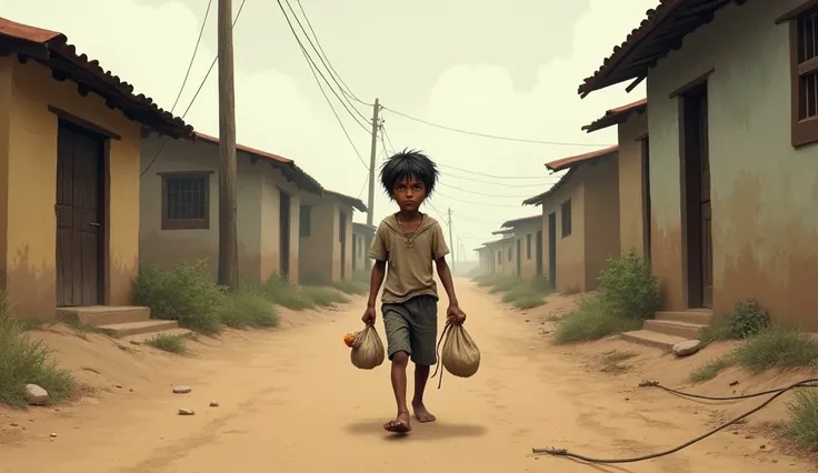 A young boy, dressed in tattered, old clothes, walking down a dusty road.
   - He looks tired and hungry, carrying a small bag of items to sell.
   - Houses on both sides of the road, the boy hesitating as he looks at them.
