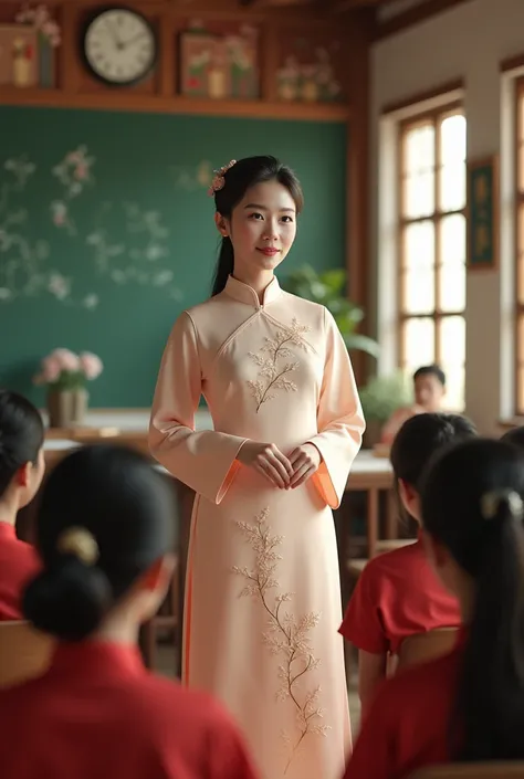 A vietnamese female teacher who is wearing ao dai  is teaching for her students 