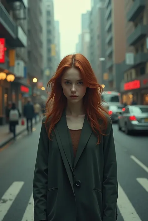 A beautiful girl standing alone in street.