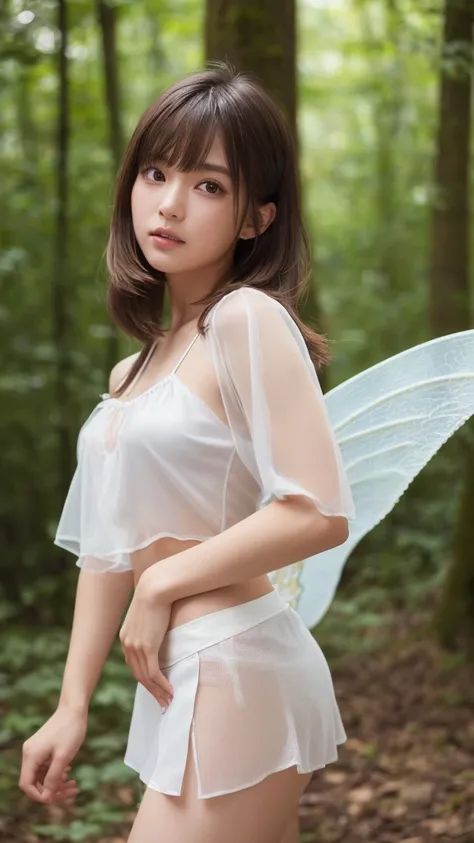 Product quality,1 girl,Cowboy Shot,Young and cute Japanese girls,(In a fantastic forest:1.2),(Thin white blouse:1.3), (A super short mini skirt that looks see-through:1.5),(Like a fairy:1.3),(No pants:1.3),(A thin, white, wing-like cloth on his back:1.3),V...