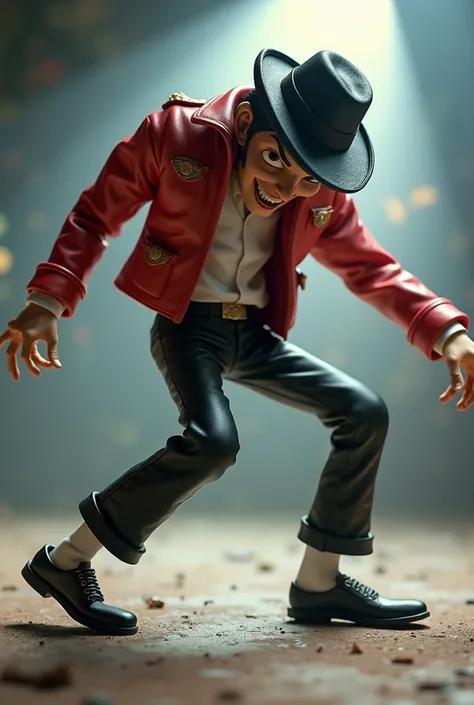 Michael Jackson，Lean forward 45 degrees dance moves，Fisheye lens，Very stylized character design、Weird expressionist pose、Clay animation style、Clay animation characters、Freeze character