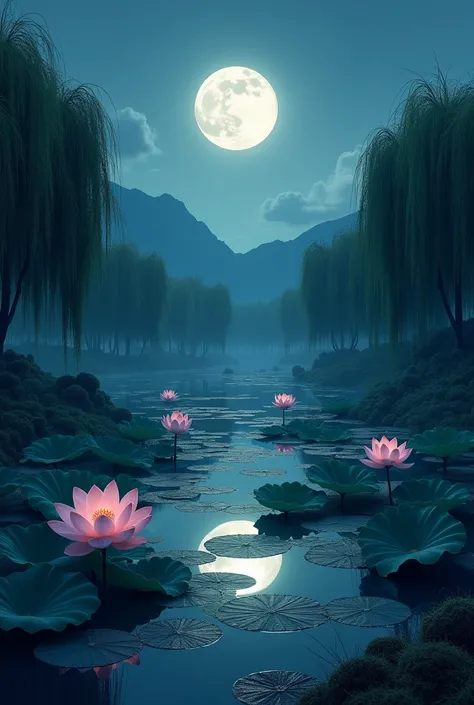 night,Around the lotus pond from far to near, from high to low are trees, in which willow. Dense trees surround the lotus pond from inside to outside., Only along the roadside were there a few empty spaces as if intentionally reserved for the bright white ...