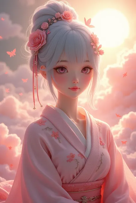 smile、Facing forward、On a pink cloud、日本人windな女性:1.3、Silver hair color、beautiful girl、Bewitching atmosphere、Bust Shot、The woman is seeing very bright lighting from the camera&#39;s side.、Looking at the camera、god、Pink、Heart patterned kimono、Decorations、Real...