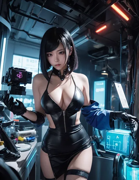 "create a high-resolution cyberpunk artwork featuring a beautiful young woman with sleek black hair and a white shirt. she shoul...