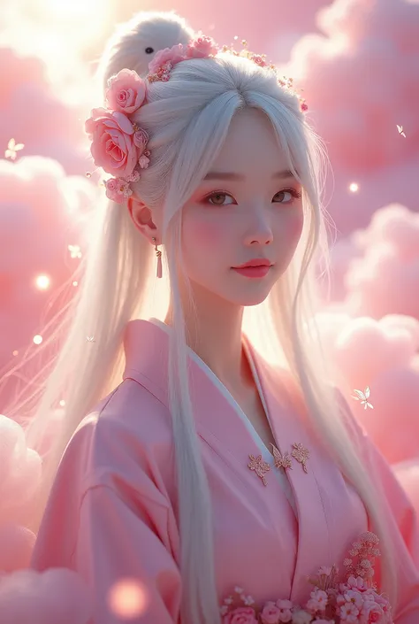 smile、Facing forward、On a pink cloud、日本人windな女性:1.3、Silver hair color、beautiful girl、Bewitching atmosphere、Bust Shot、The woman is seeing very bright lighting from the camera&#39;s side.、Looking at the camera、god、Pink、Heart patterned kimono、Decorations、Real...