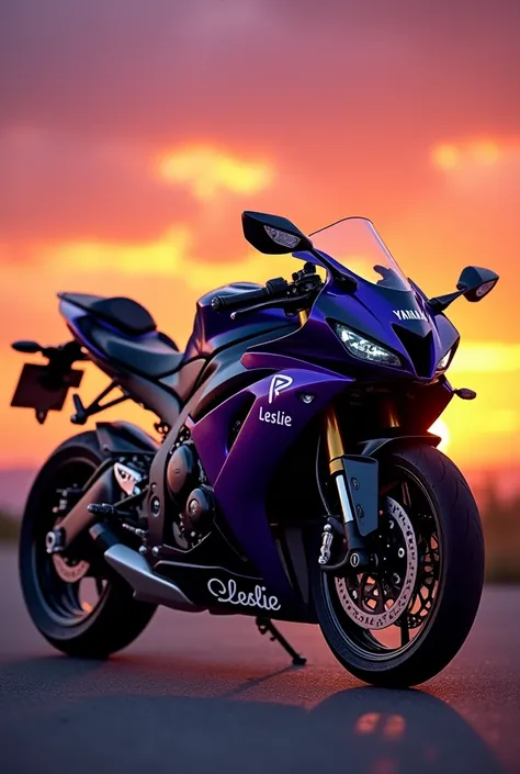 Yamaha R6 black and purple motorcycle, That has the name "Leslie" and sunset background 