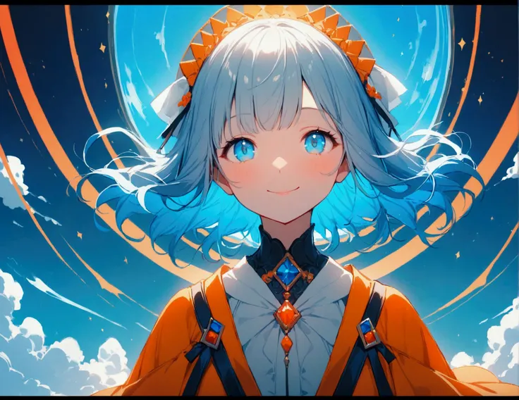 Systemic manifestations、1 girl、Alone、blue eyes、Cyan Background、bright、blue sky、cloud、sunny、Young people、Blue and white main colors、Orange sub-color、ink、Aloneフォーカス、nice、like、accessories、smile、beautiful髪型、beautiful、beautiful目、Shiny、Very comfortable、