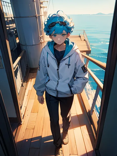 1male , Sailors Uniform , Unzipped White and Blue Hoodie , Yellow Headband , Ski Goggles on head , Pale Blue Hair , Modern Undercut Hair , Curly Hair , Calm Expression , Adult Male , Standing on a wooden naval ship at sea 