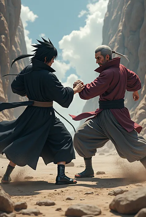 Itachi uchiha fighting hand to hand combat with madara uchiha make it look like realistic 