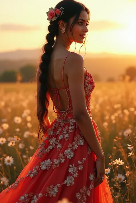 A breathtaking photorealistic digital painting of a beautiful indian young woman with a long, cascading braid. She is adorned in a stunning dress made entirely of daisy and red flowers, with intricate details and glittery accents. The dress flows gracefull...