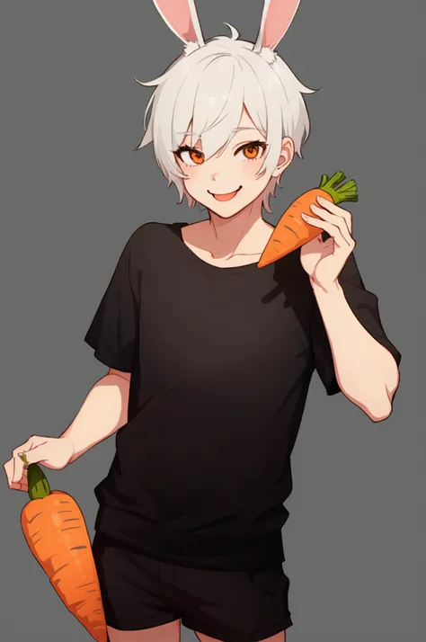 Draw a cute boy with bunny ears and short hair wearing a black top and shorts who is eating a carrot while smiling 