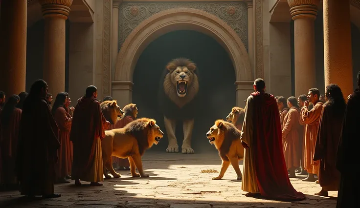 The lions’ den:
A dramatic view of the lions’ den, with roaring lions inside. Guards are about to open the entrance to throw Daniel in. King Darius stands beside them, looking distressed, while Daniel remains calm.