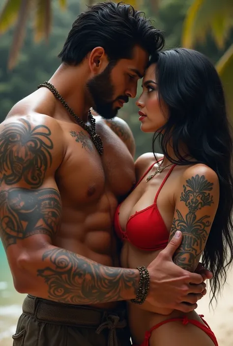 2 man, high, muscular body, broad chest, grey eyes, black hair, chiseled jaw, manly, thick eyebrows and eyelashes, Arms with Egyptian tattoos, bare torso, abraza por la cintura a una mujer de 22 años black hair, porcelain white skin, Blue eyes, hourglass b...