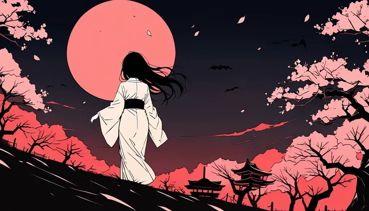 Long black hair blowing in the wind.Vast red sky。One person。full moon。((Flat Color)),((Calm colors)),Spooky atmosphere。from behind,女性が後ろ向きでCherry Blossoms畑に座っている。Japan。Tattered white kimono。night。Black Belt。White silk kimono。Many giant cherry blossoms。Cher...