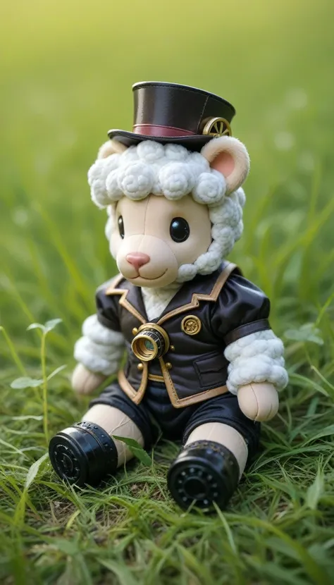 Green and black knitted toy bear, small anthropomorphic animal, with steampunk hat and clothes, macro photography in thick grass, dew drops reflecting the environment, super detailed toy, You can see each wool in the toy., You can see every shrvcik in the ...