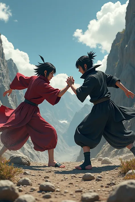 Itachi uchiha fighting hand to hand combat with madara uchiha make it look like realistic why madara looks old make him younger a little bit make it look realistic 