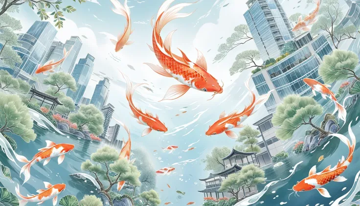 birds-eye view，one koi carp swim freely in the sky，many modern high-rise buildings，overlooking the whole city，trees，big scene，th...