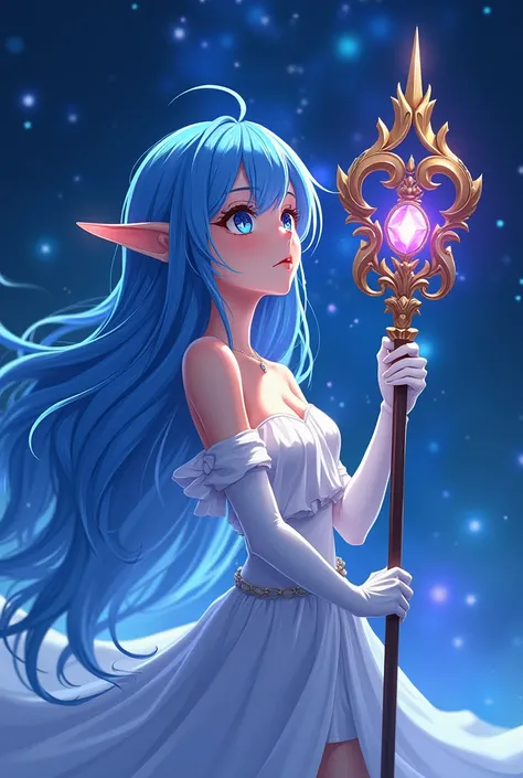 Night sky，Blue long hair elf anime girl，Put on long white gloves，innocent eyes，Gem Magician&#39;s Great Staff