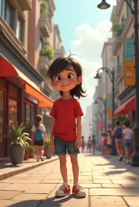 A girl kid wearing a red shirt standing on street 
