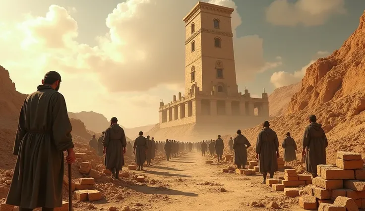 A group of people dressed in ancient Jewish clothing, working with dedication. The foundations of a gigantic tower begin to take shape. Tools and materials, such as bricks and asphalt, are displayed as workers sweat in the sun.