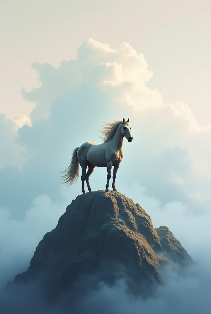 This is an oil painting of a brave horse standing on a mountain top covered in clouds.. Soft and peaceful setting in minimalist style