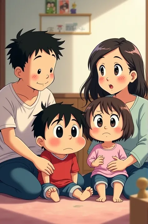 Shin-chans family is sitting together, with Himawari looking nervous.