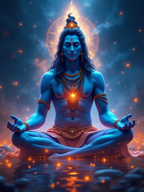 Create a vibrant, fantasy image of Lord Shiva with glowing third eye, with deep blue fiery skin that seems to glows from within. The being is adorned with complex jewelry and body markings that emit a soft luminescence, sitting in meditation in a contempla...