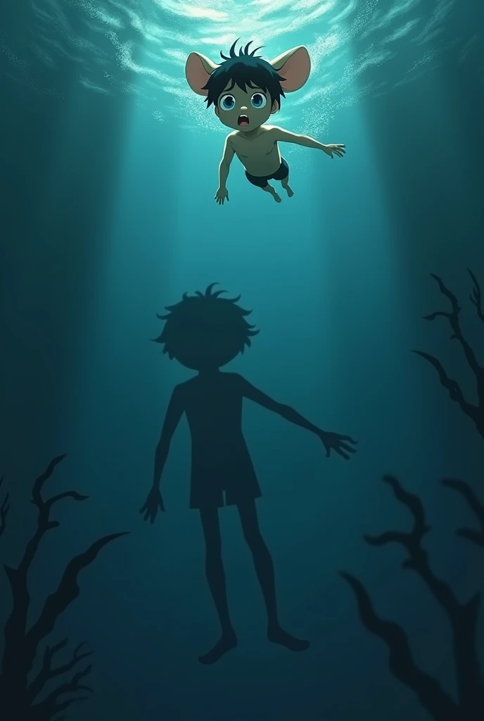 The scene becomes slightly darker and more suspenseful. Chintu is still swimming, but now he has noticed a strange, eerie shadow forming under the water near him. The water around the shadow is darker, and Chintu’s expression changes from joy to curiosity ...