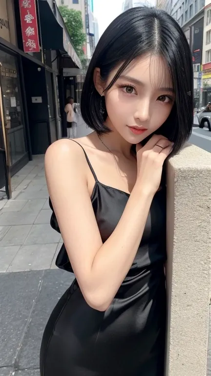 She has shiny black hair in a short bob、Beautiful Asian woman with almond-shaped, narrow eyes。The eyes are sharp、It has an intellectual atmosphere。Skin with light olive tones、Gives off a healthy glow。Lips are thin、Natural beige pink。She was wearing a tight...