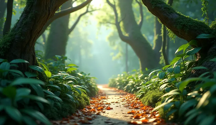 In 3D animation style:A narrow jungle path covered with leaves, winding deeper into the forest.