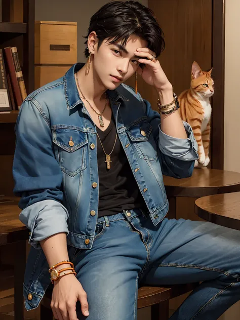 masterpiece, complicated details, (((handsome young boyอายุ 30 ปี))), rocker denim jacket, jeans, leather bracelet, wire necklac...