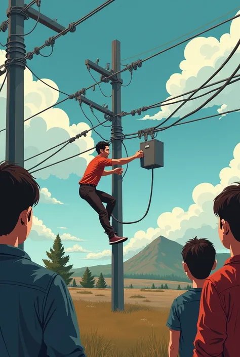 Cinematic and realistic cartoon face Man climb on electricity pool for reconnect the electricity. Some people watching him. Landscape image 1080 resolution ratio.
