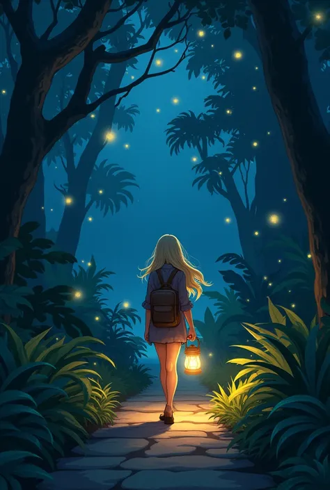 the quiet night in the jungle with sparkle of fire flys a cute adult with blonde hair walking in the path enjoying wonderful place with the help of a latten 