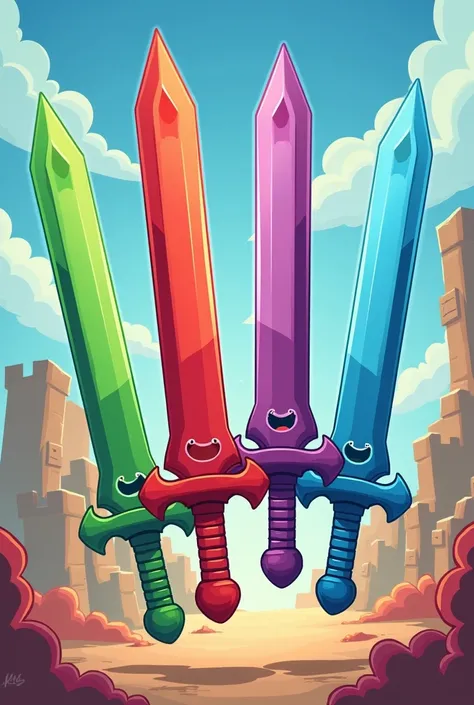 Four green red purple and blue cartoon swords