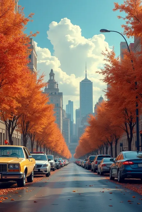 1980s city with its fancy cars and avenue, autumn sky and flowering trees, hd