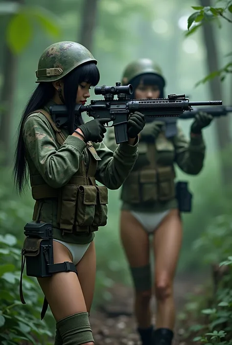 (masterpiece), 4K,{{{2 women}}}, Black Hair,helmet,boots,Random Hairstyles,((Sniper )),rifle,Shoot in the back,Camouflage military uniform,skirt,In the woods,((顔を下に向けたSniper)),White panties