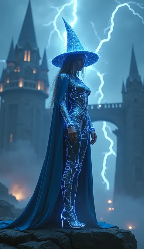 A cinematic shot of a stunning female wizard in an electric thunderstorm kingdom. She is wearing intricate glowing eletric bolt armor and a wizard hat made of eletric bolt. She is standing on a lighting bolt platform. The artists signature "@digo.a.i" is v...