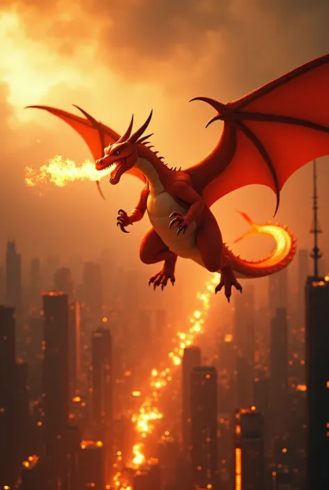 a real life charizard from pokemon world, flying over a burning futuristic city, spitting flames from his mouth, front still, shot with IPHONE, the city burns