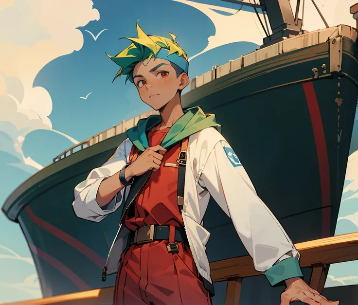 1male ,Adult Male, Yellow Headband ,Sailors Uniform , Unzipped White and Blue Hoodie , Goggles on head , Pale Green Hair ,Dark Skin, Red Eyes, Modern Undercut Hair , Curly Hair , Calm Expression , Adult Male , Standing on a wooden naval ship at sea 