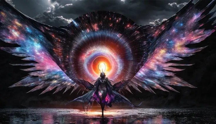 High energy life-form born from cosmic rays, transparent yet It has large antennae, large wings, and a robe coat, leaking iridescent light, background ominous spiral black hole, electromagnetic discharge, dark clouds, galaxy, delicate and dynamic textures,...